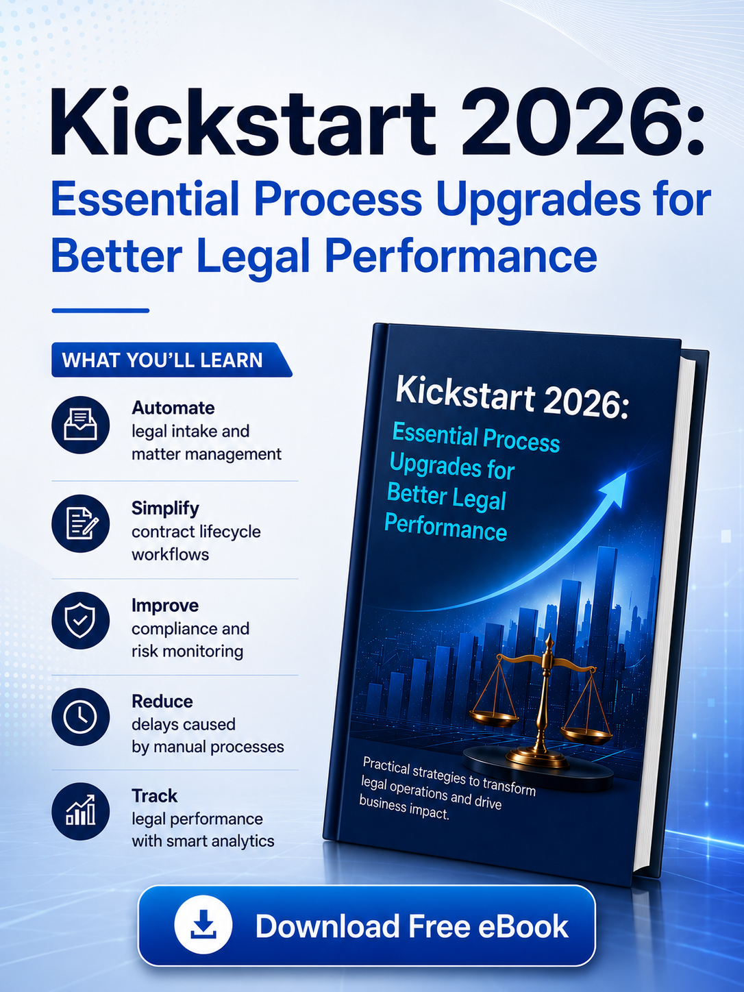 Legal operations eBook for 2026 featuring legal process automation, matter management software, contract lifecycle management, compliance tracking, legal analytics, and digital transformation strategies for in-house legal teams.