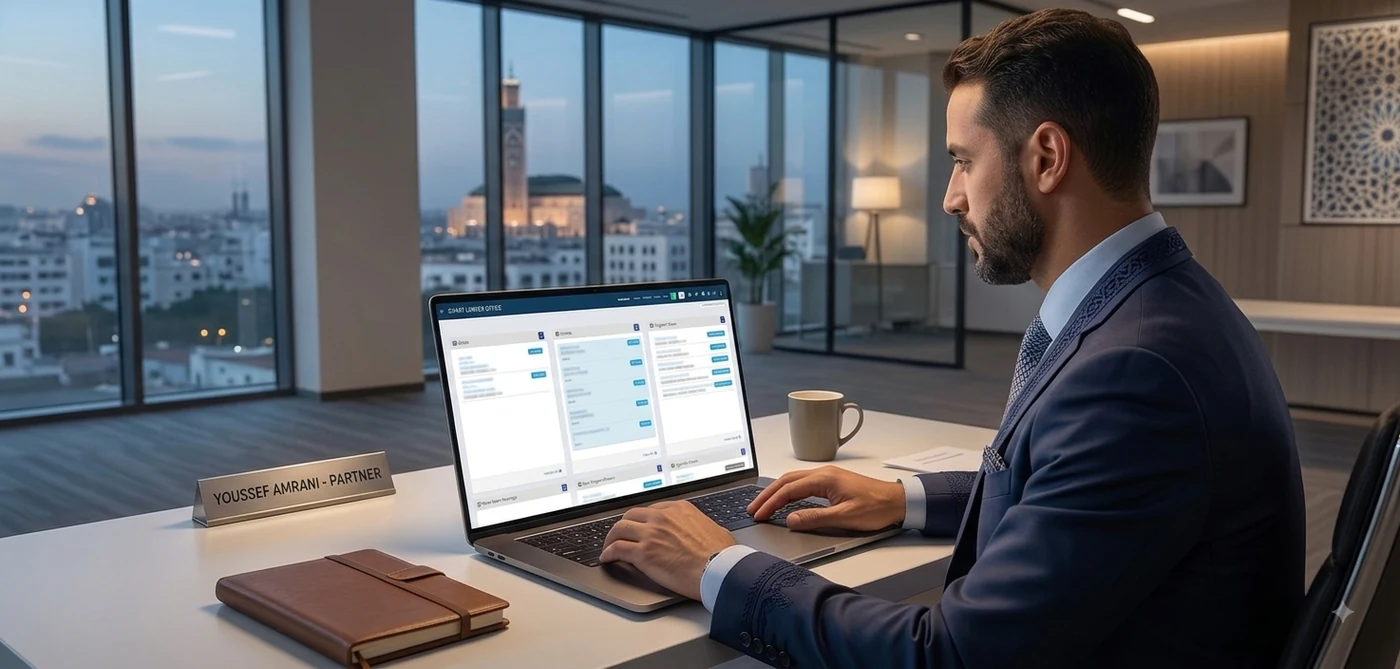 AI-enabled case intake and case file dashboard in Smart Lawyer Office, used by a cabinet juridique in Casablanca, Morocco