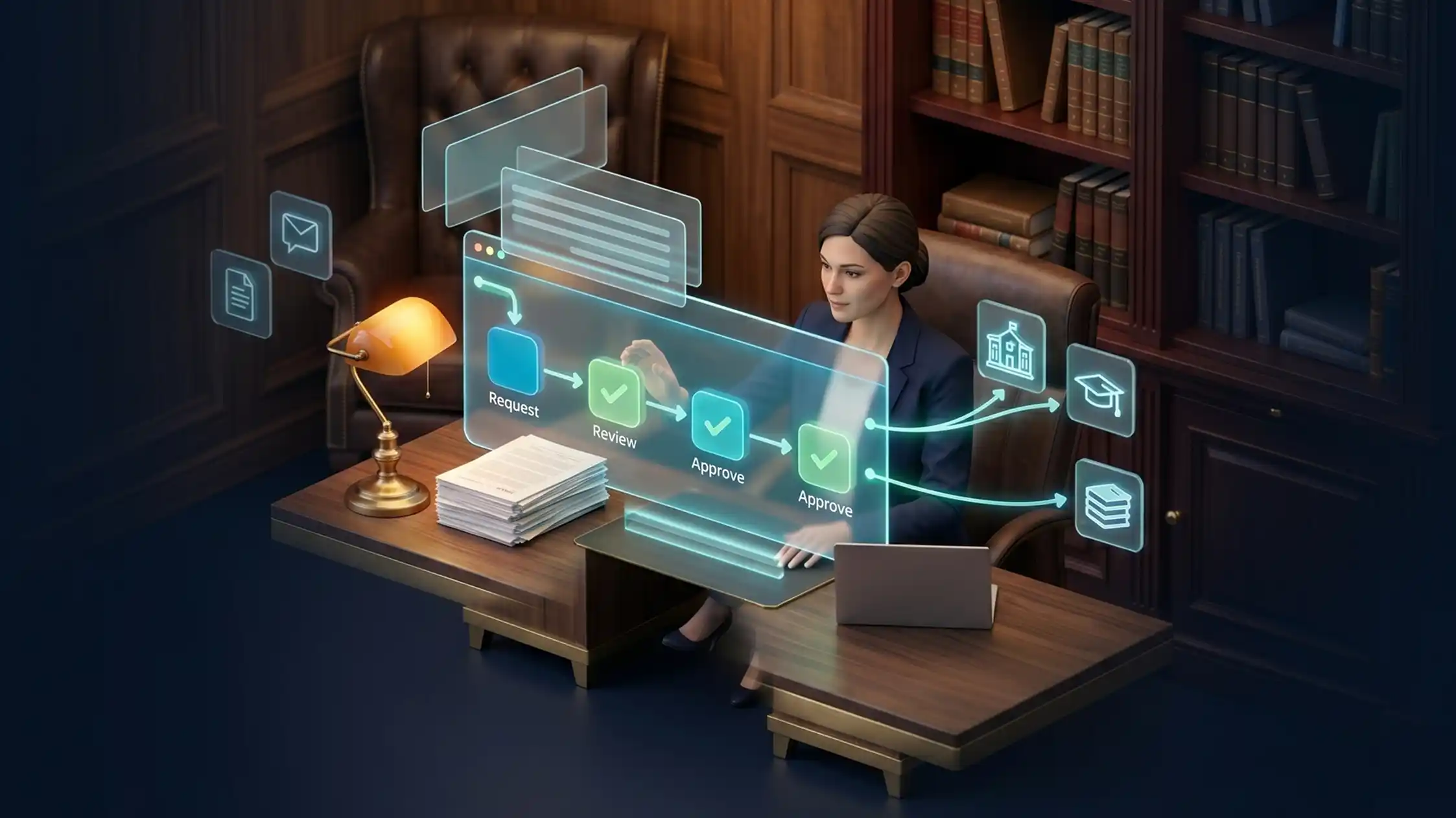 Legal request intake, approval and workflow automation software for Education Institutions, connecting grievance triage to email and the outside-counsel panel for a university legal department in Smart Legal Counsel