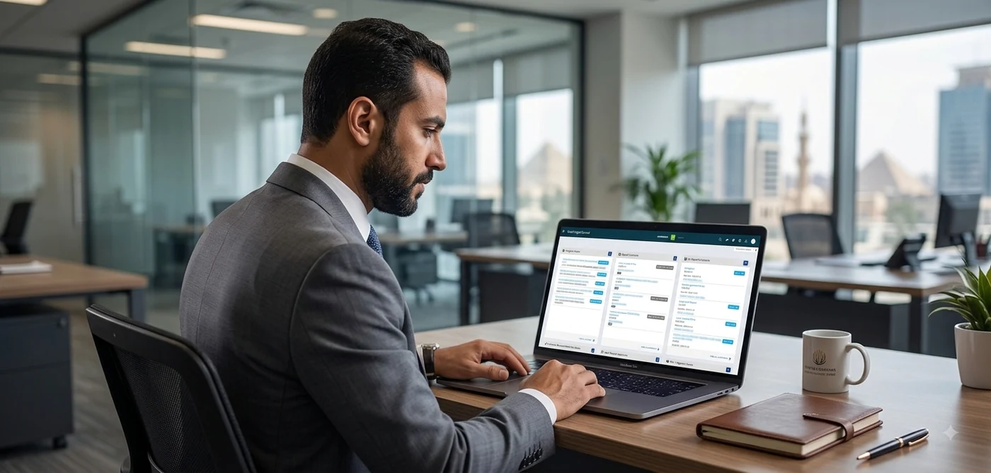 AI-integrated corporate legal matter management dashboard used by in-house legal teams in Egypt for matter triage and outside counsel spend