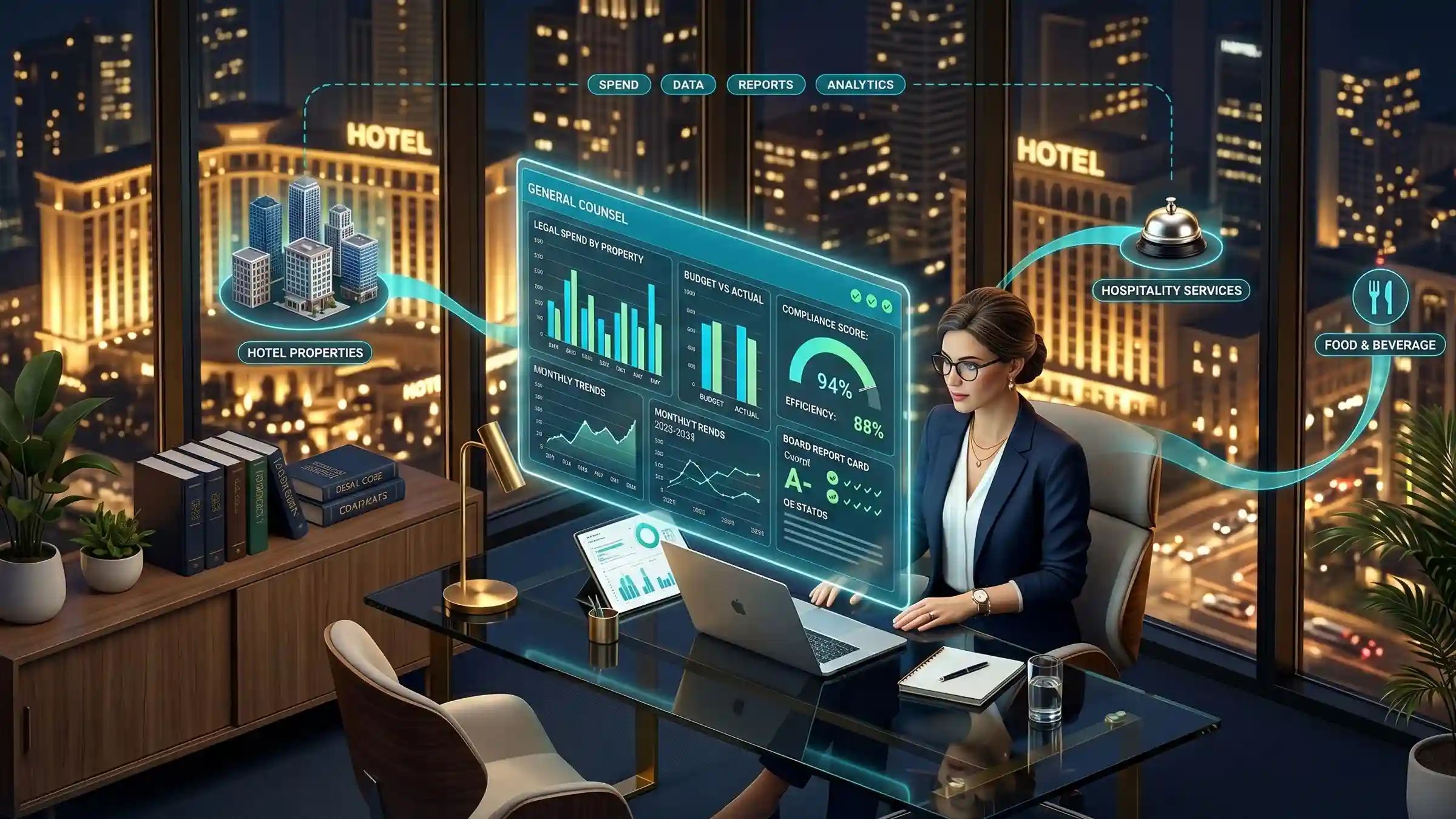 Legal expense management and vendor contract spend analytics for Hospitality & Hotels in Smart Legal Counsel, tracking claim and panel cost against every guest claim and property