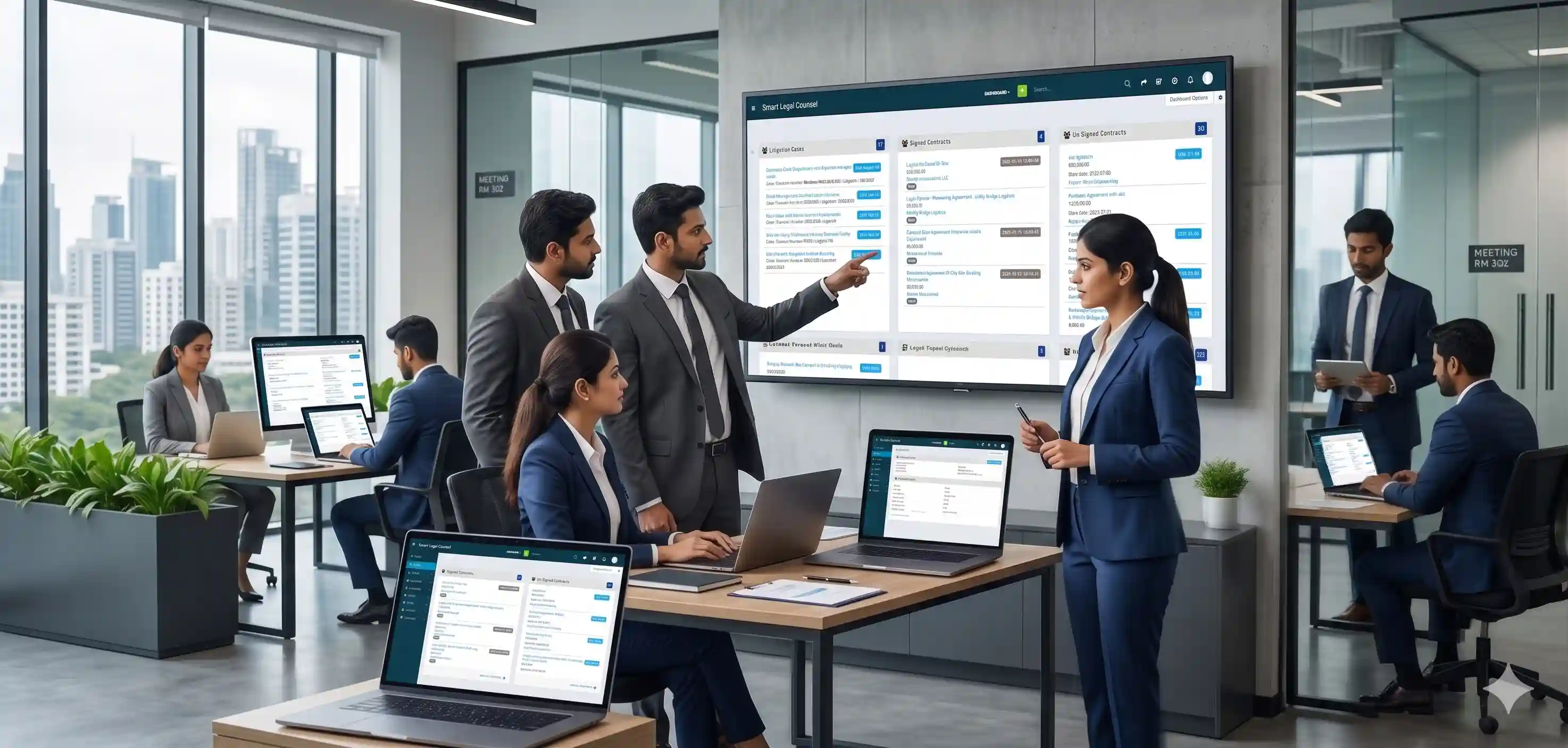 Smart Legal Counsel corporate legal management dashboard for Indian enterprises showing matter management, contract tracking, and compliance monitoring