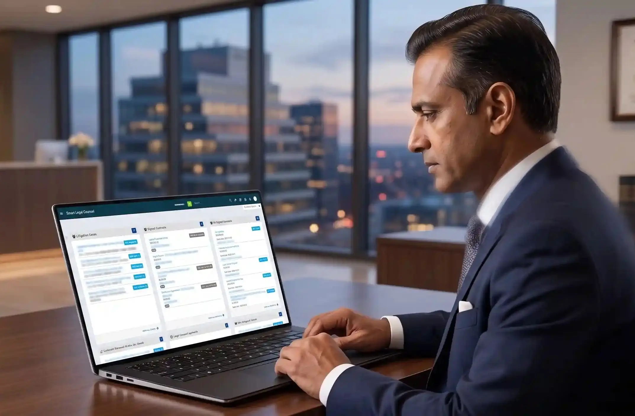 Smart Legal Counsel in-house legal department software dashboard for Indian enterprises showing matter management, contract lifecycle, and litigation tracking