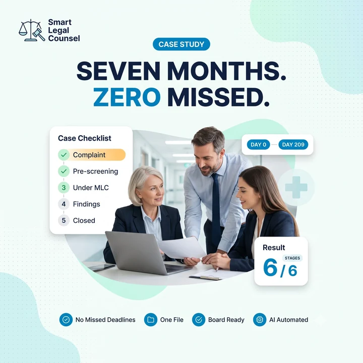 A hospital group legal and risk team in the UAE reviewing a Medical Liability Committee (MLC) case timeline, deadlines and findings in Smart Legal Counsel, from complaint to closure