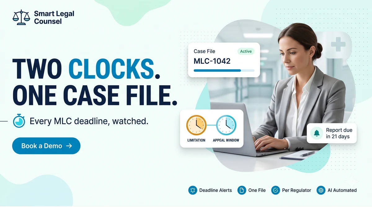 Two deadline clocks on a Medical Liability Committee (MLC) case in Smart Legal Counsel: the limitation period counting from the incident date and the appeal window counting from the committee report notification, both watched for UAE and GCC healthcare providers