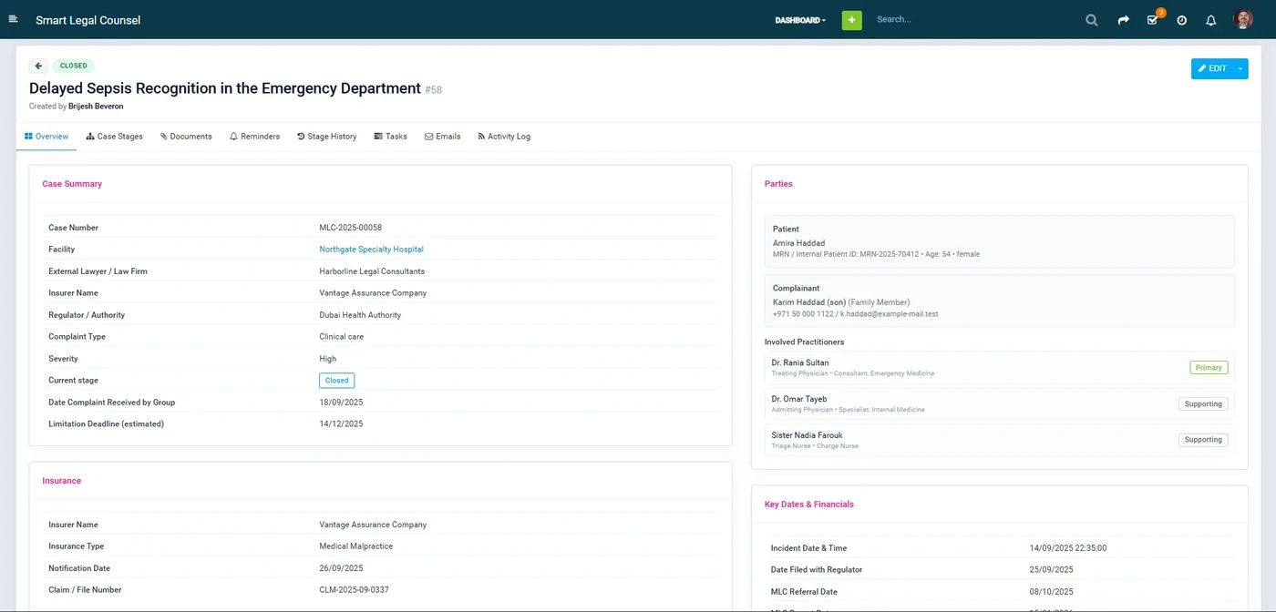 Medical Liability Committee (MLC) case overview in Smart Legal Counsel showing the full case file at a glance, the parties, the current stage, deadlines, documents and the activity log for a UAE hospital legal and risk team