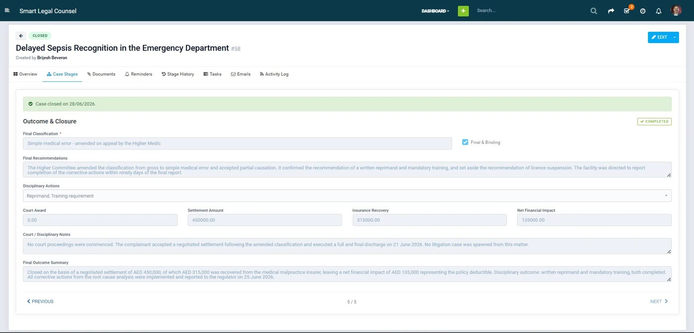 The six-stage Medical Liability Committee (MLC) workflow in Smart Legal Counsel with guarded stage transitions, stage history and preparation tasks raised automatically under the case's regulator