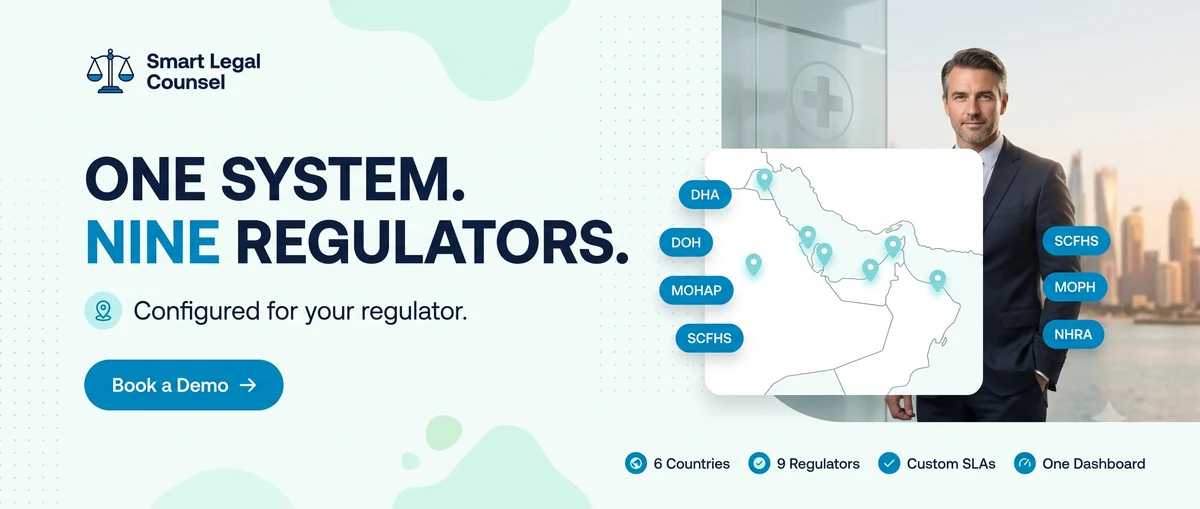 Nine GCC health regulators, including DHA, DOH, MOHAP, SCFHS, MOPH and NHRA, pre-configured in Smart Legal Counsel for Medical Liability Committee case management across the UAE, Saudi Arabia, Qatar, Bahrain, Kuwait and Oman