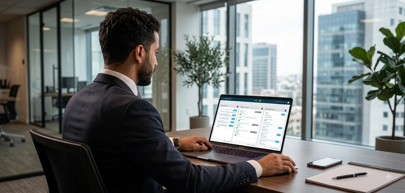 AI-integrated corporate legal matter management dashboard used by in-house legal teams in Morocco for matter triage and outside counsel spend
