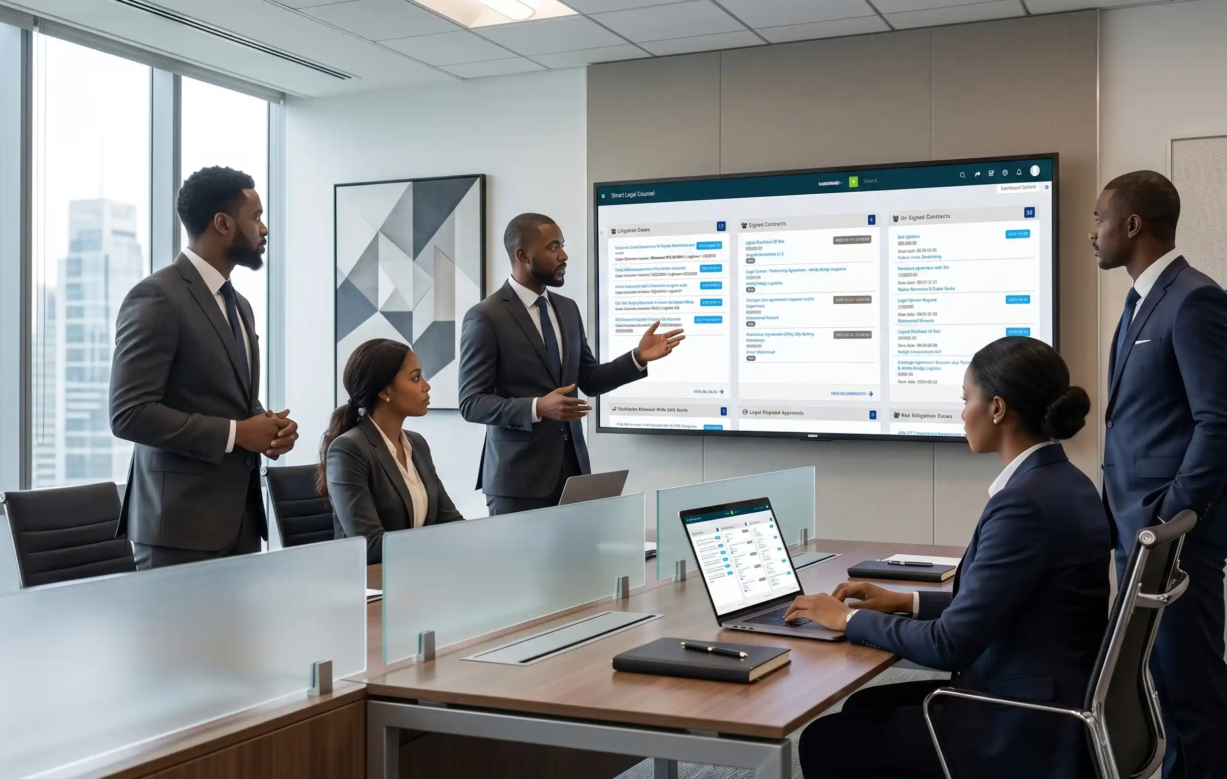 Smart Legal Counsel corporate legal management dashboard for Nigerian enterprises showing matter management, contract tracking, and compliance monitoring