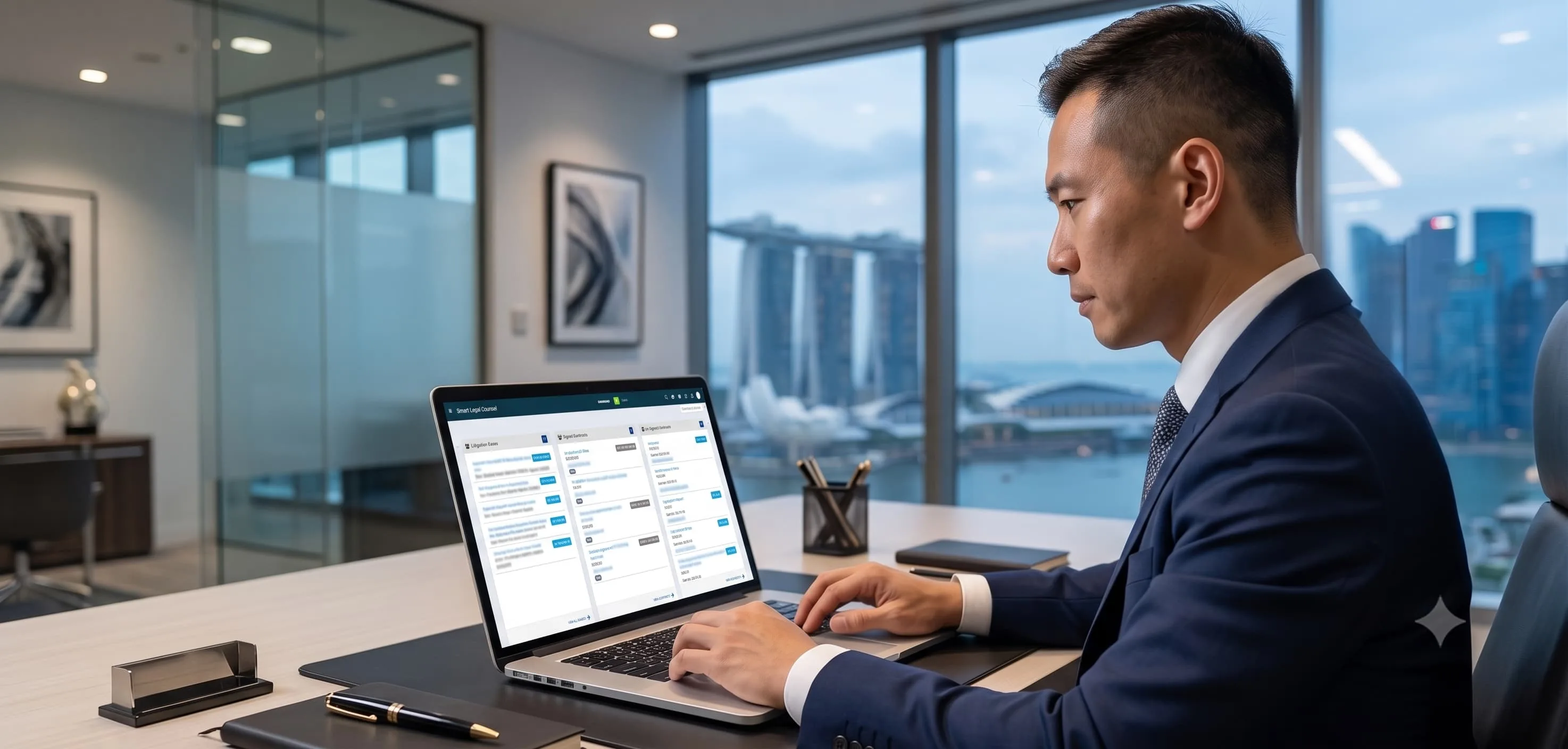 Smart Legal Counsel corporate legal management dashboard for in-house legal teams in Singapore showing matter management, contract lifecycle, and litigation tracking