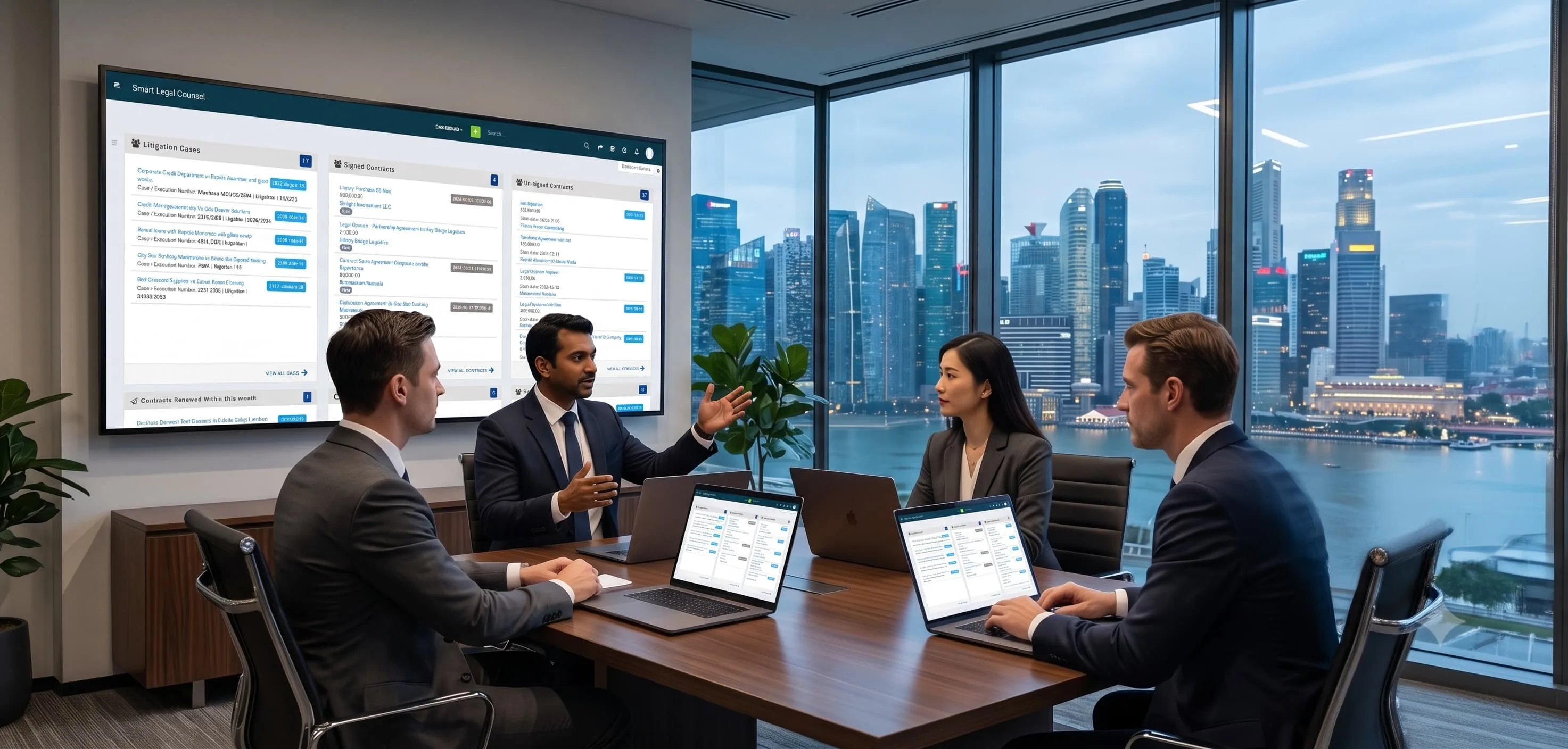 Smart Legal Counsel enterprise legal operations dashboard for Singapore organizations showing matter management, contract tracking, and compliance monitoring