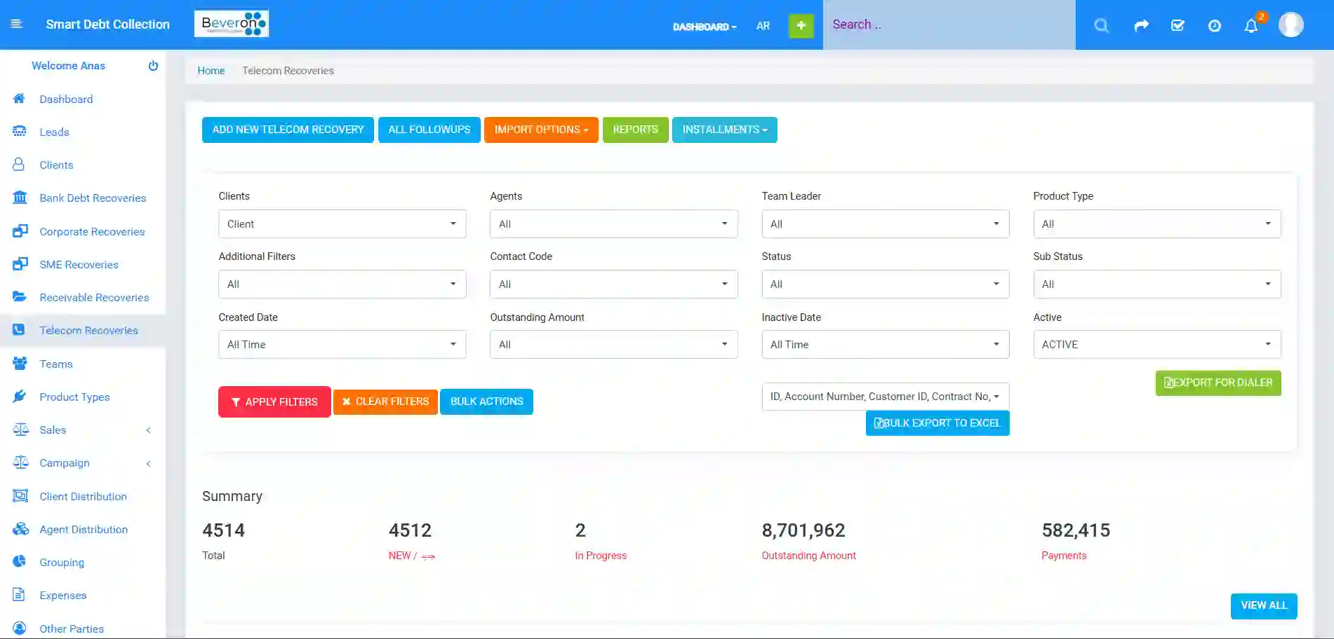Recoveries Overview Page Screenshot