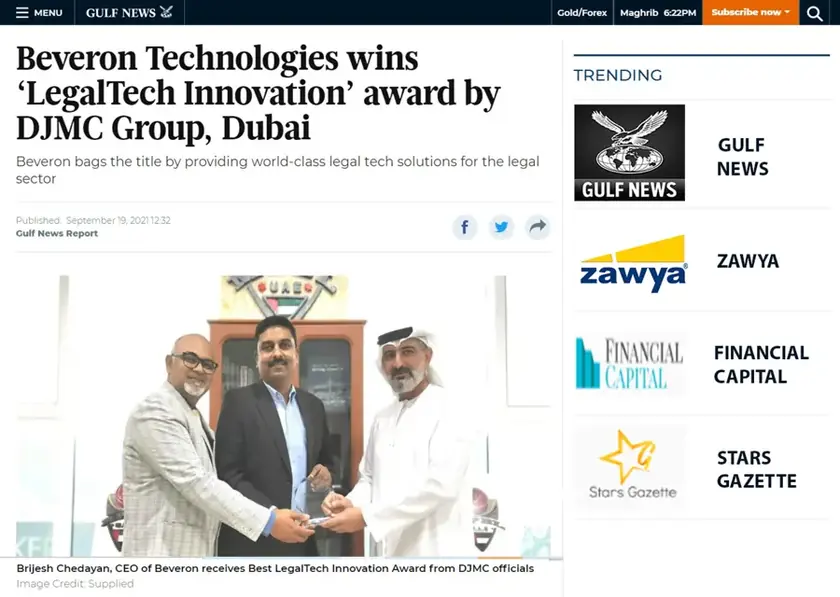 News of the Legal Tech Innovation Award won by Beveron