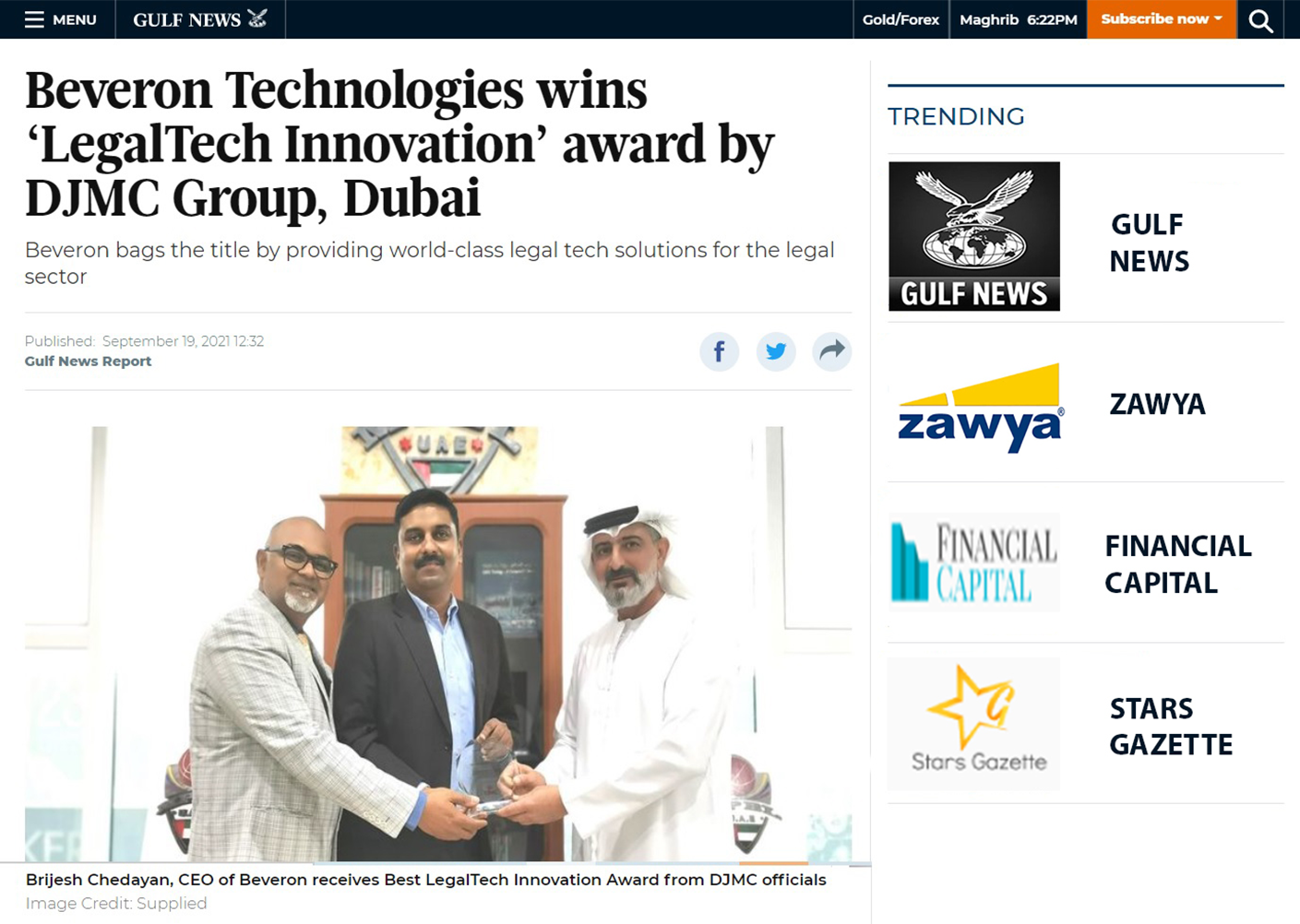 Gulf News article, Beveron Technologies wins LegalTech Innovation award by DJMC Group, Dubai