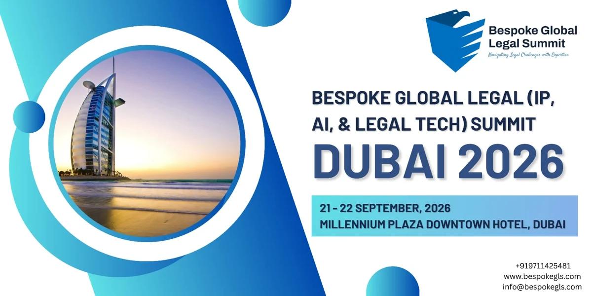 Official poster of the Bespoke Global Legal (IP, AI and LegalTech) Summit Dubai, 21 to 22 September at the Millennium Plaza Downtown Hotel