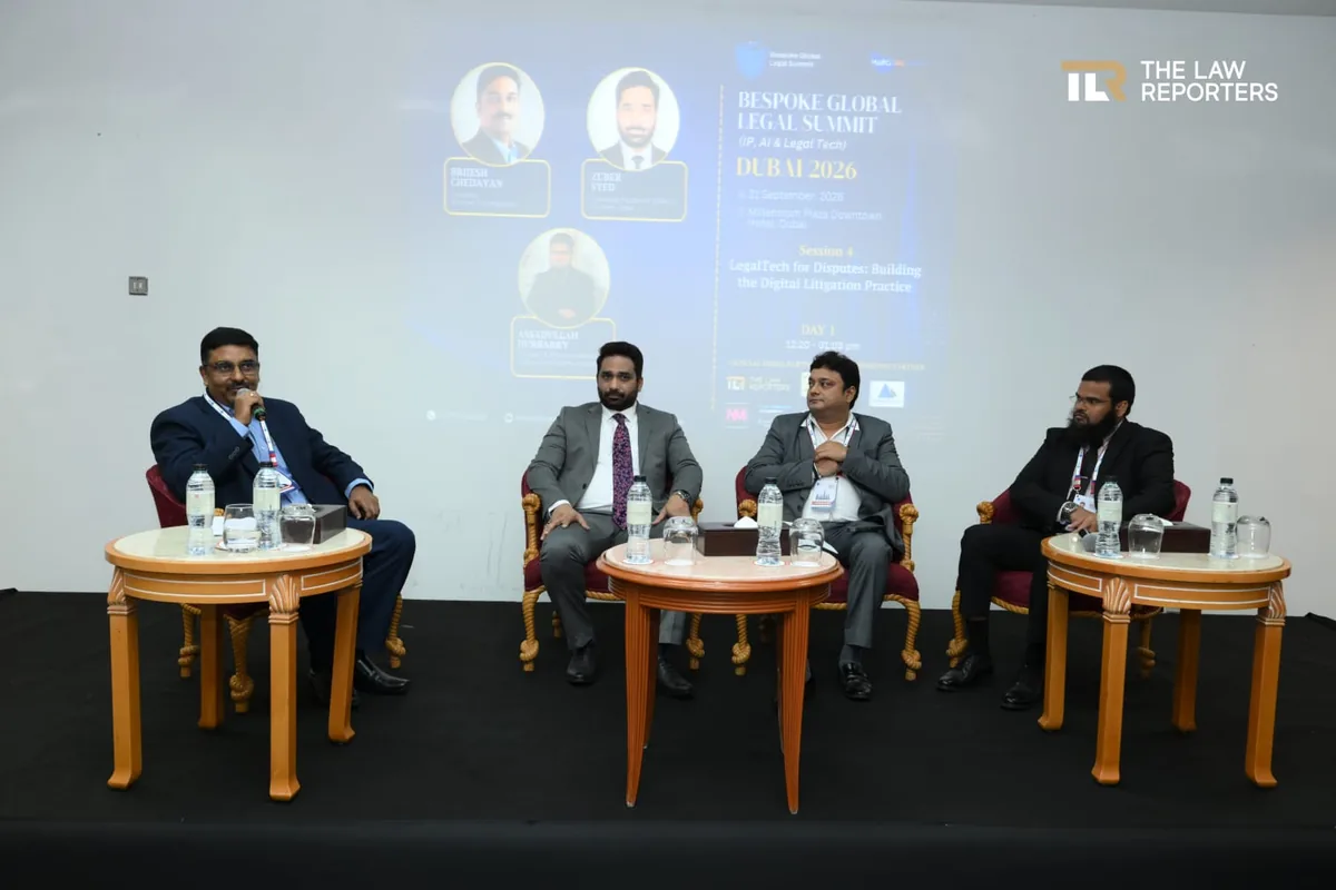 The LegalTech for Disputes panel seated on stage at the 7th Bespoke Global Legal Summit Dubai, with the session slide on the screen behind