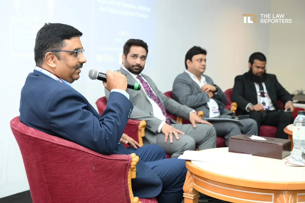 Session moderator Brijesh Chedayan of Beveron Technologies opens the digital litigation panel discussion with the three panellists at BGLS Dubai