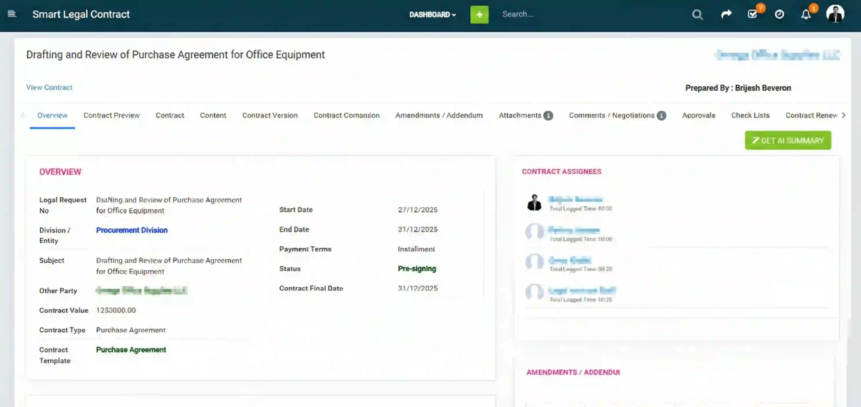 Contract Overview Page Screenshot