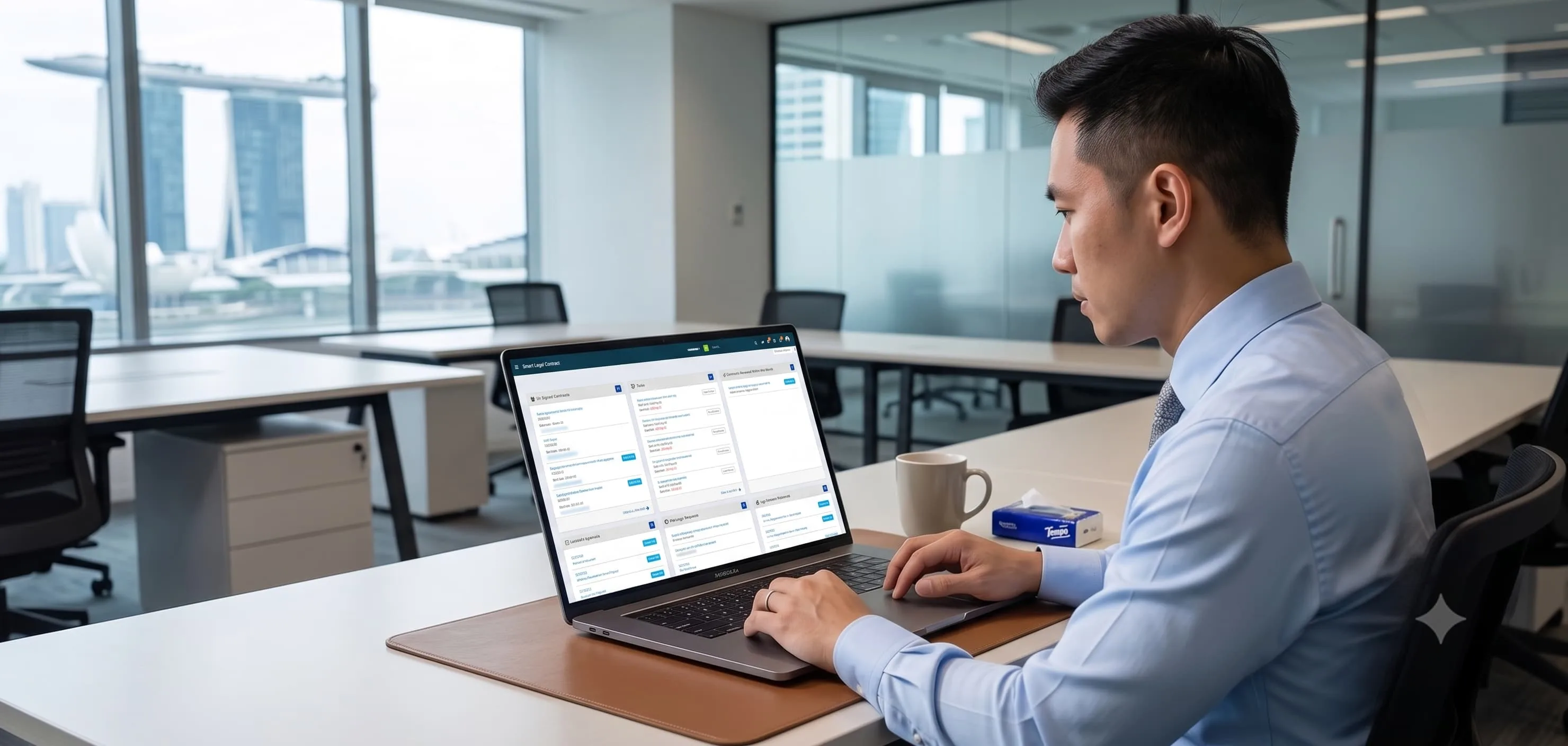 Smart Legal Contract CLM dashboard showing contract lifecycle automation, approval workflows, and compliance tracking for Singaporean enterprises